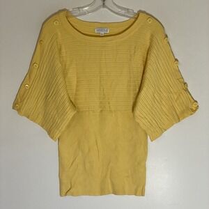 Joseph A Sweater Womens Medium Yellow Boat Neck Ribbed Button Accent Classy Nice